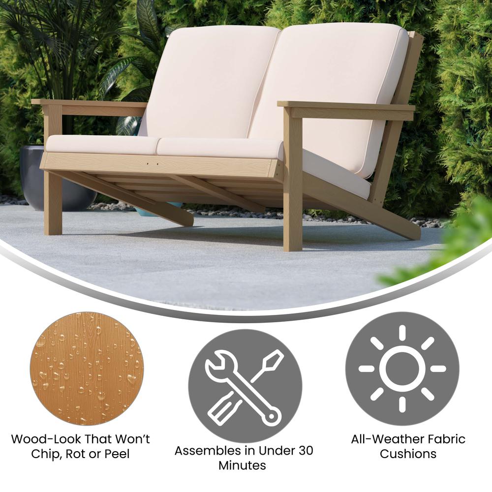 Adirondack Style Deep Seat Patio Loveseat with Cushions, Natural Cedar/Cream. Picture 4