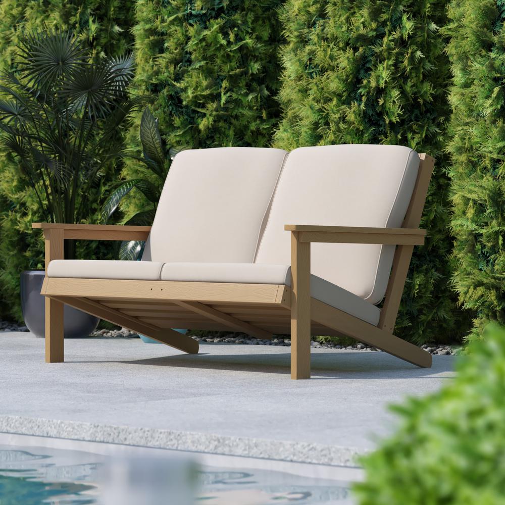 Adirondack Style Deep Seat Patio Loveseat with Cushions, Natural Cedar/Cream. Picture 1