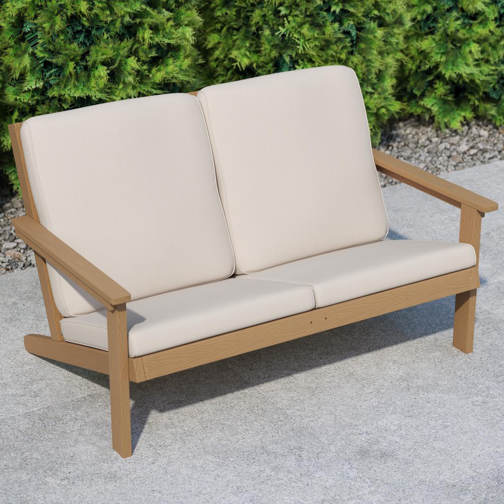 Adirondack Style Deep Seat Patio Loveseat with Cushions, Natural Cedar/Cream. Picture 6