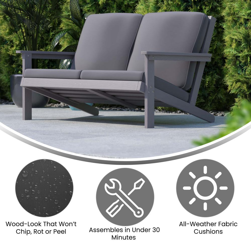 Charlestown All-Weather Poly Resin Wood Adirondack Style Deep Seat Patio Loveseat with Cushions, Gray/Gray. Picture 4