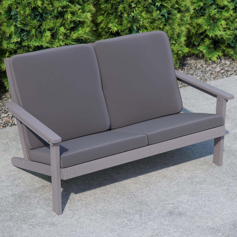 Charlestown All-Weather Poly Resin Wood Adirondack Style Deep Seat Patio Loveseat with Cushions, Gray/Gray. Picture 6