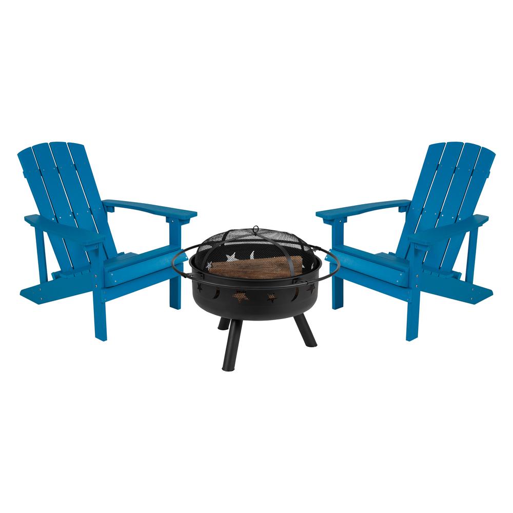 3 Piece Blue Poly Resin Wood Adirondack Chair Set with Fire Pit. Picture 1