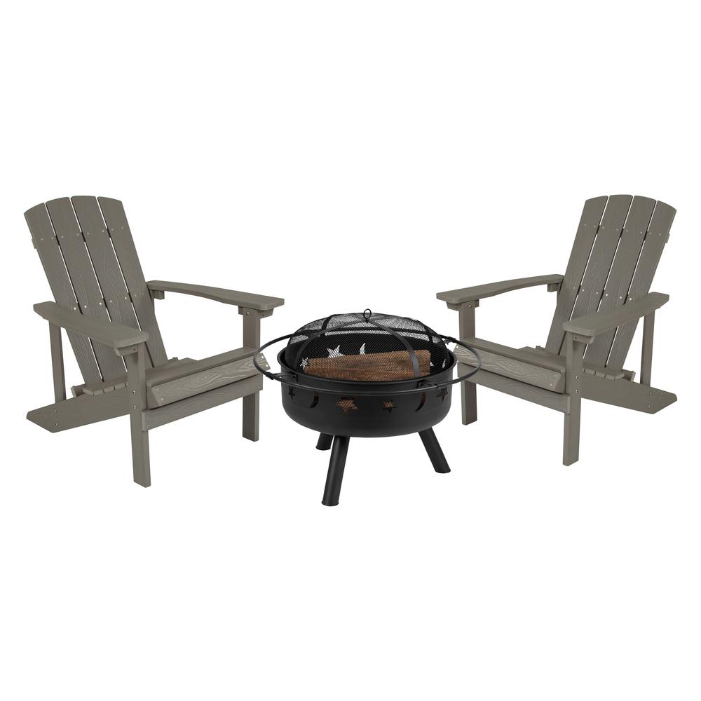 3 Piece Gray Poly Resin Wood Adirondack Chair Set with Fire Pit. Picture 1
