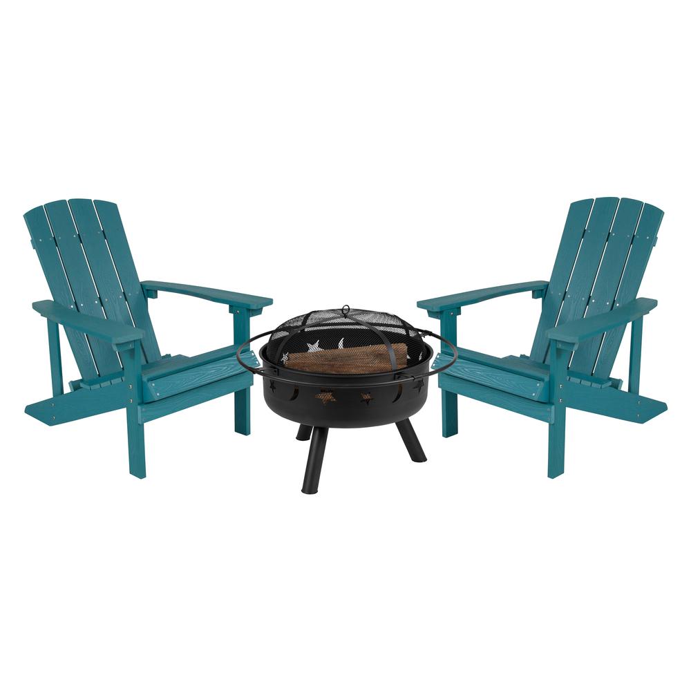 3 Piece Sea Foam Poly Resin Wood Adirondack Chair Set with Fire Pit. Picture 1