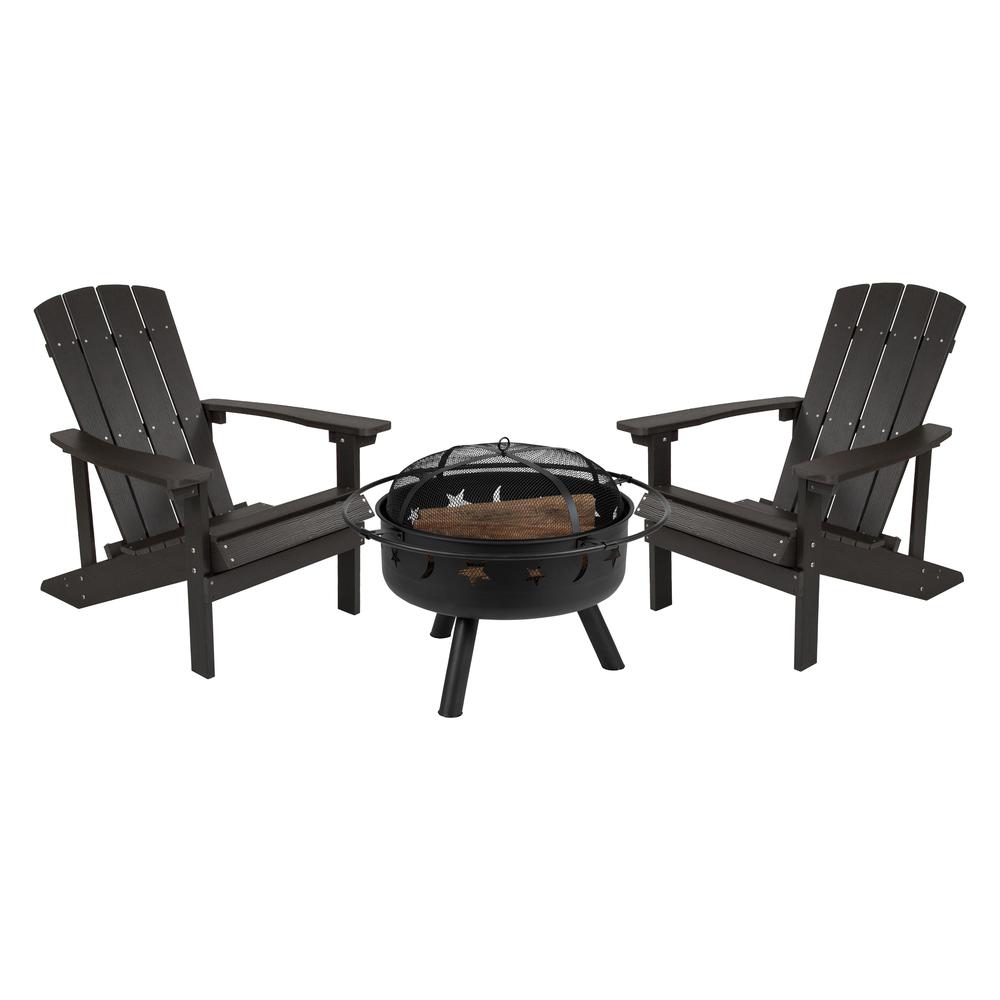3 Piece Charlestown Slate Gray Poly Resin Wood Adirondack Chair Set with Fire Pit - Star and Moon Fire Pit with Mesh Cover. The main picture.