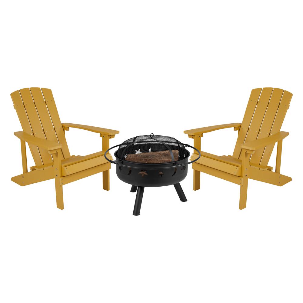 3 Piece Yellow Poly Resin Wood Adirondack Chair Set with Fire Pit. Picture 1
