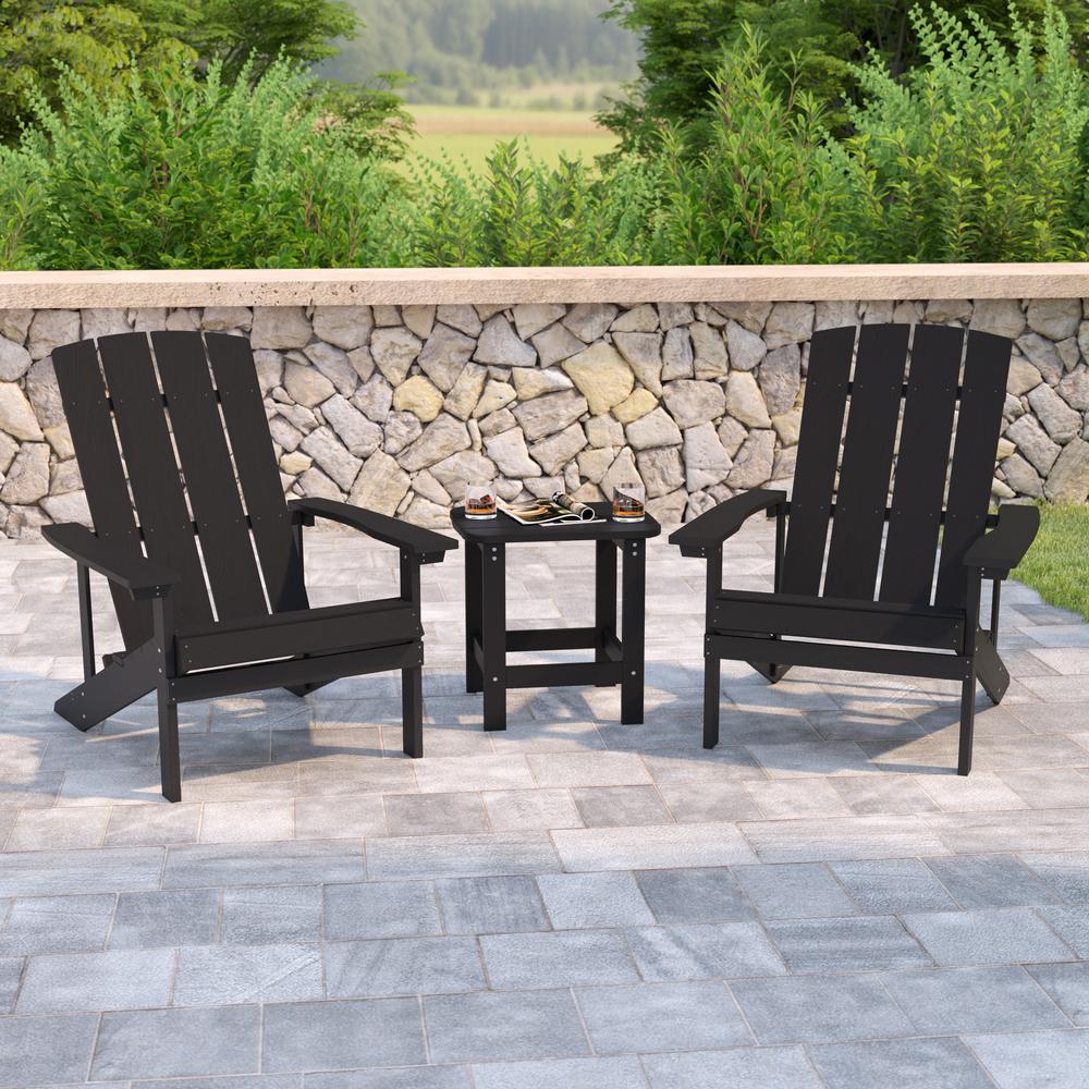 2 Pack All-Weather Poly Resin Wood Adirondack Chairs with Side Table in Black. Picture 1