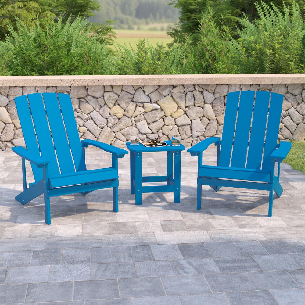 2 Pack Charlestown All-Weather Poly Resin Wood Adirondack Chairs with Side Table in Blue. Picture 2