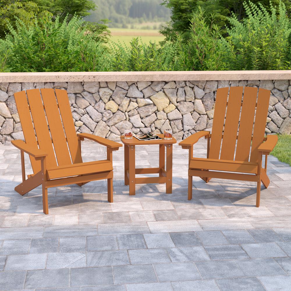 2 Pack Charlestown All-Weather Poly Resin Wood Adirondack Chairs with Side Table in Teak. Picture 1