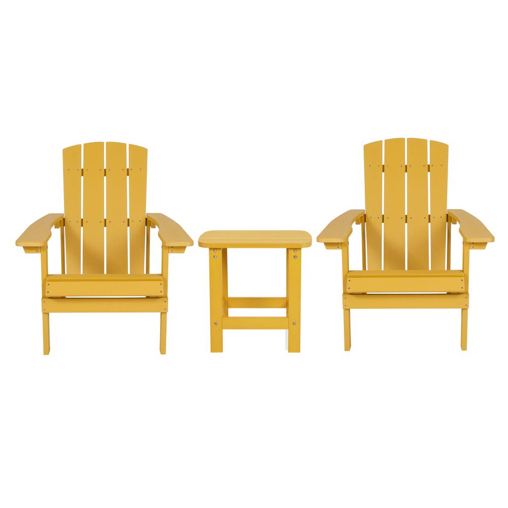2 Pack All-Weather Poly Resin Wood Adirondack Chairs with Side Table in Yellow. Picture 2