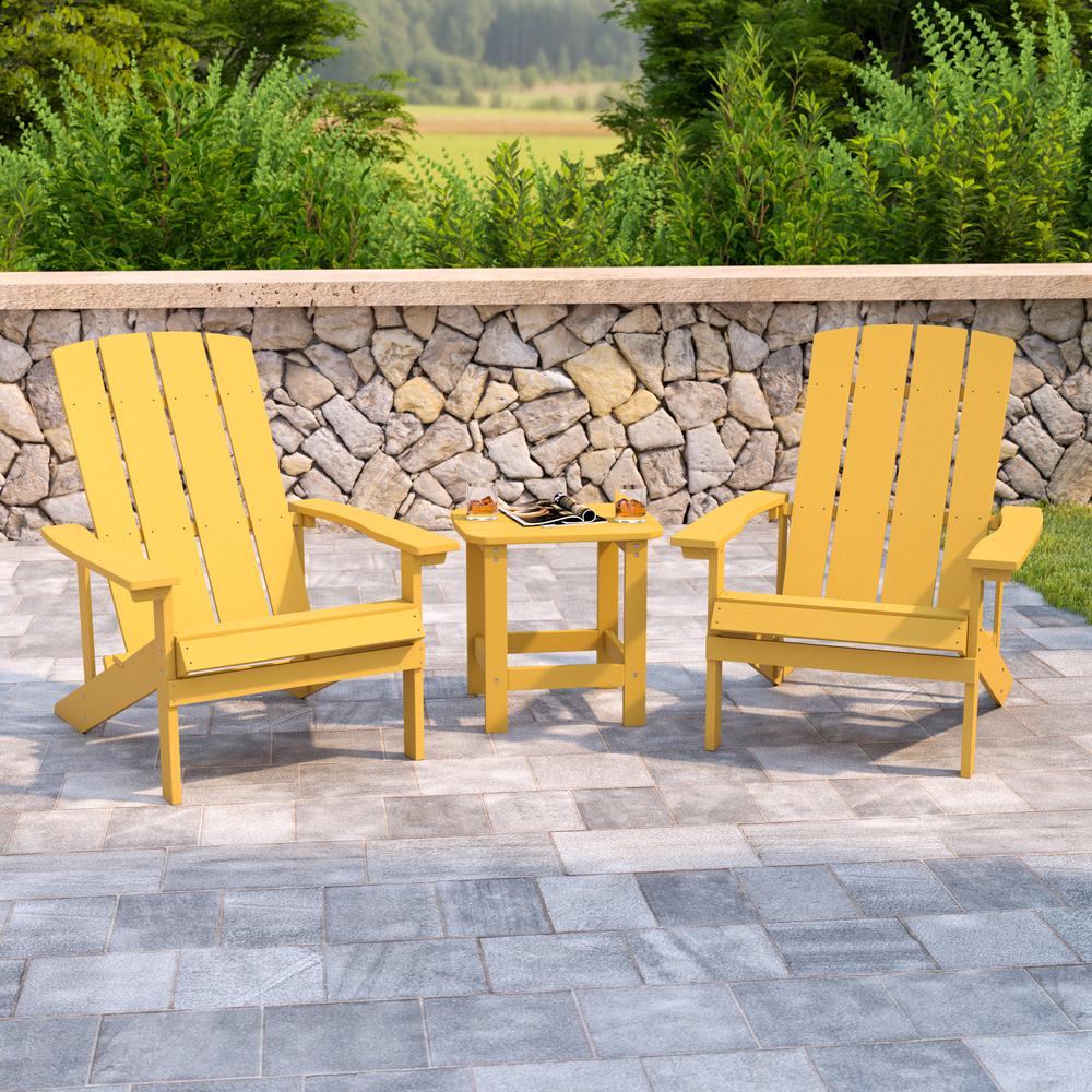 2 Pack All-Weather Poly Resin Wood Adirondack Chairs with Side Table in Yellow. Picture 1