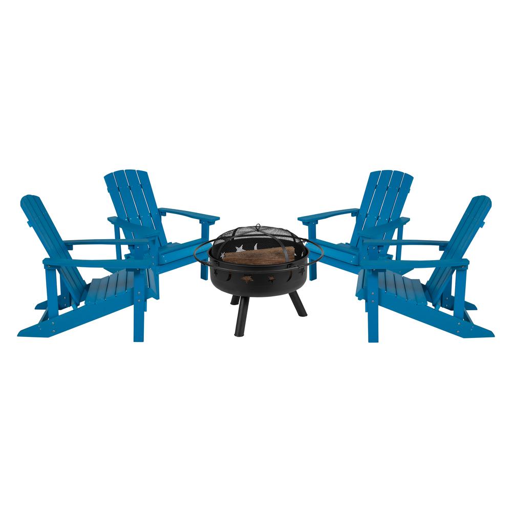 5 Piece Blue Poly Resin Wood Adirondack Chair Set with Fire Pit. Picture 1