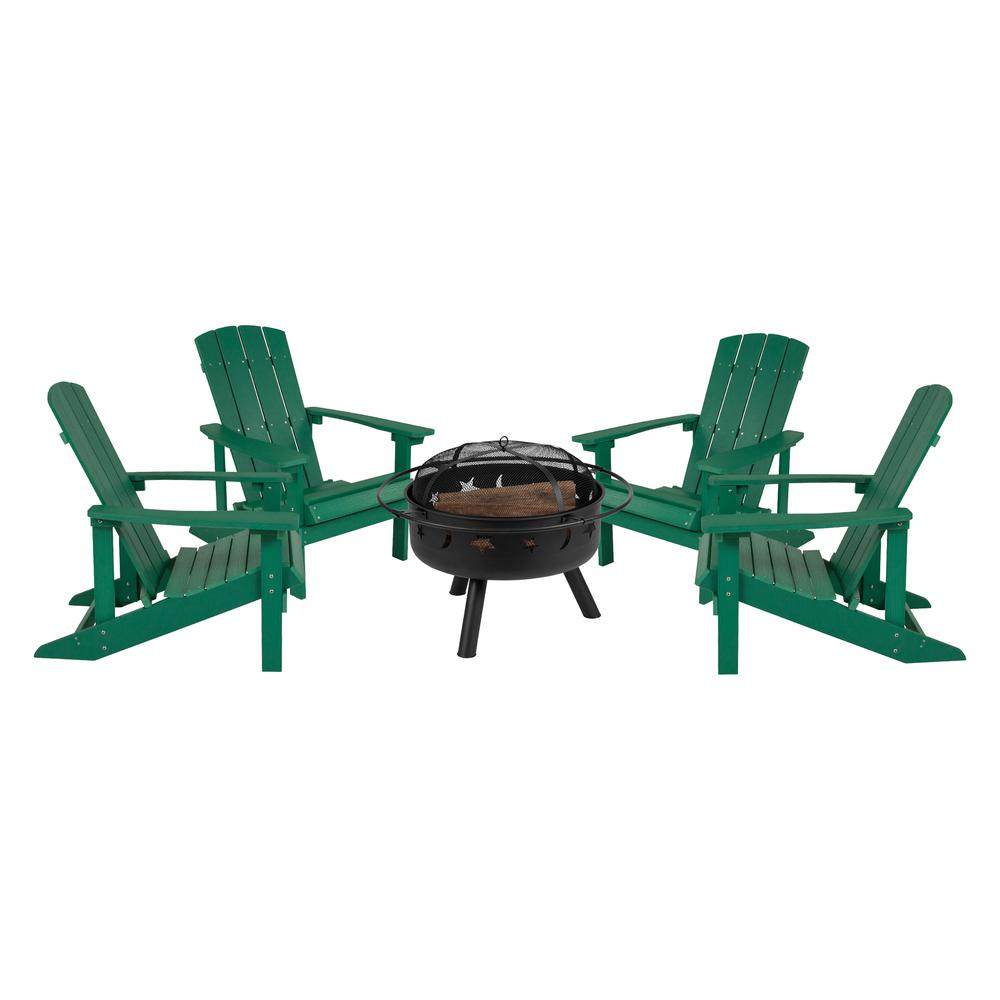 5 Piece Charlestown Green Poly Resin Wood Adirondack Chair Set with Fire Pit - Star and Moon Fire Pit with Mesh Cover. Picture 1