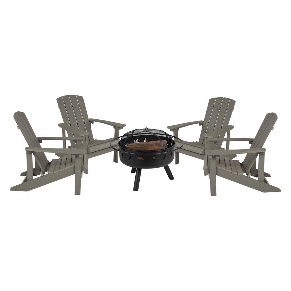 5 Piece Charlestown Gray Poly Resin Wood Adirondack Chair Set with Fire Pit - Star and Moon Fire Pit with Mesh Cover. Picture 1