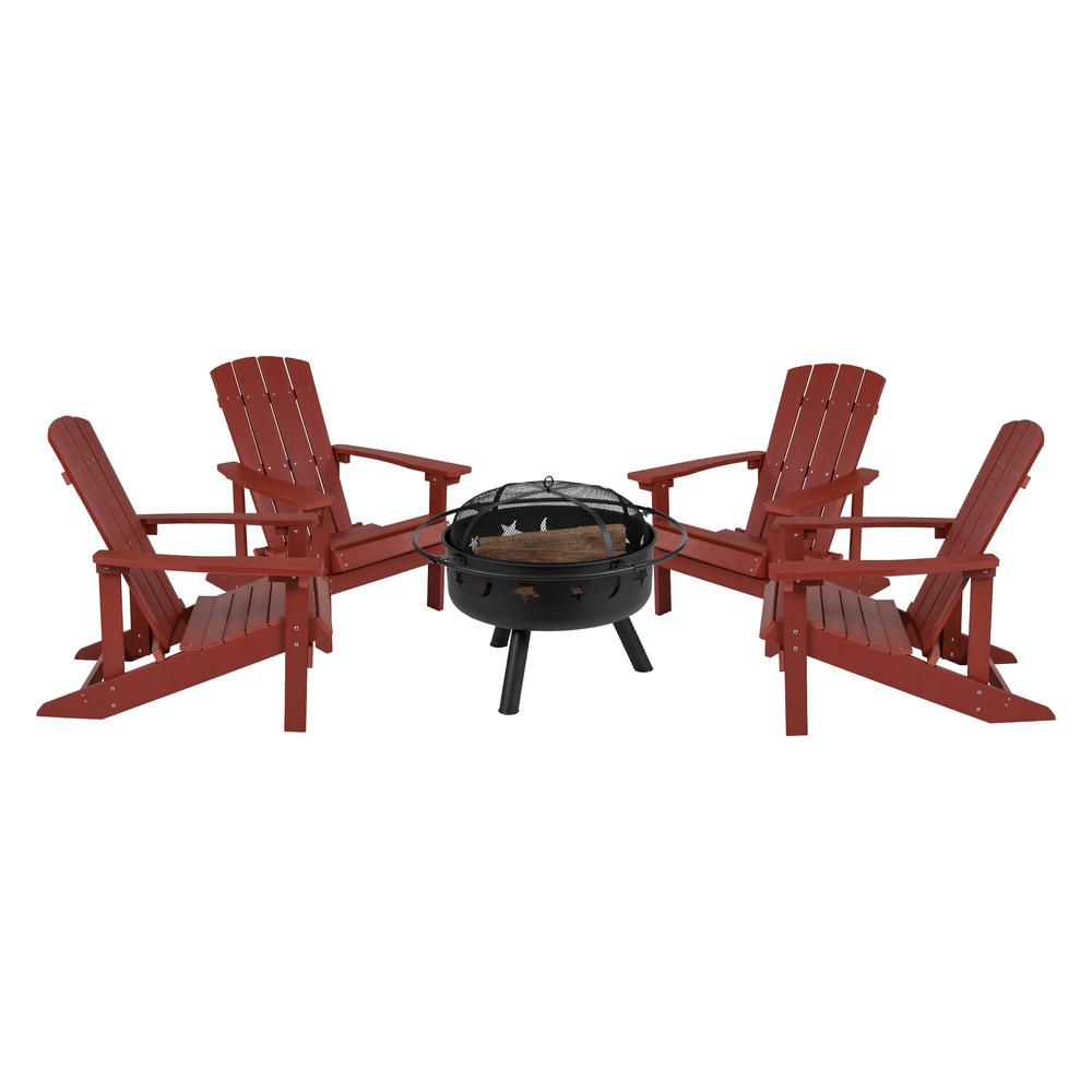 5 Piece Red Poly Resin Wood Adirondack Chair Set with Fire Pit. Picture 1