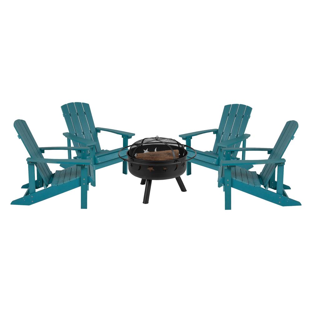 5 Piece Charlestown Sea Foam Poly Resin Wood Adirondack Chair Set with Fire Pit - Star and Moon Fire Pit with Mesh Cover. Picture 1