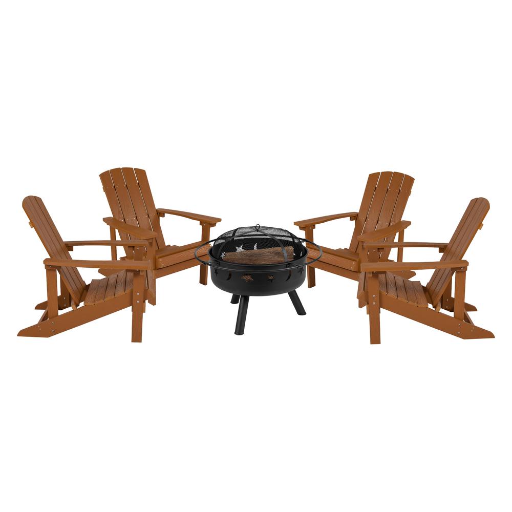 5 Piece Charlestown Teak Poly Resin Wood Adirondack Chair Set with Fire Pit - Star and Moon Fire Pit with Mesh Cover. Picture 1