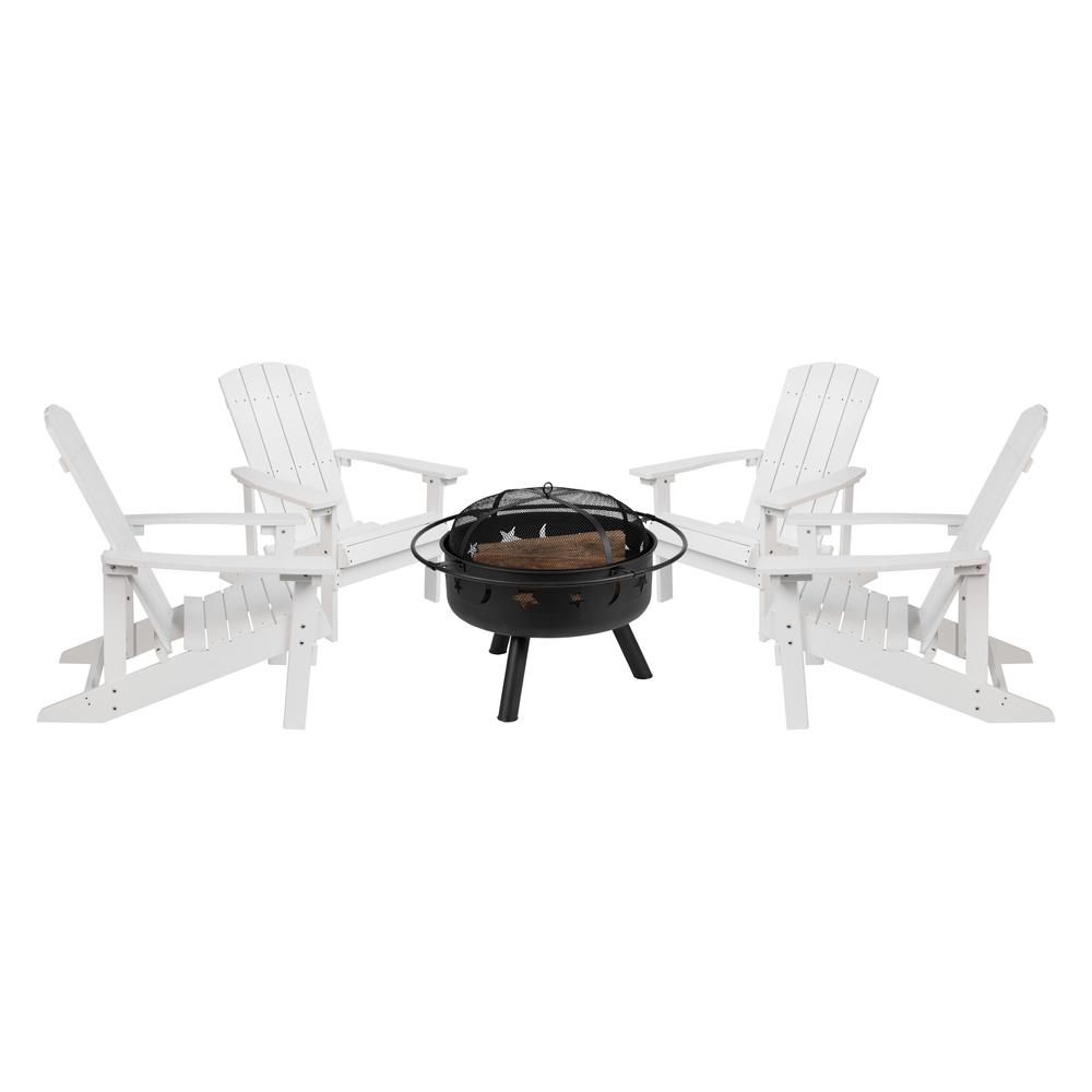 5 Piece White Poly Resin Wood Adirondack Chair Set with Fire Pit. Picture 1