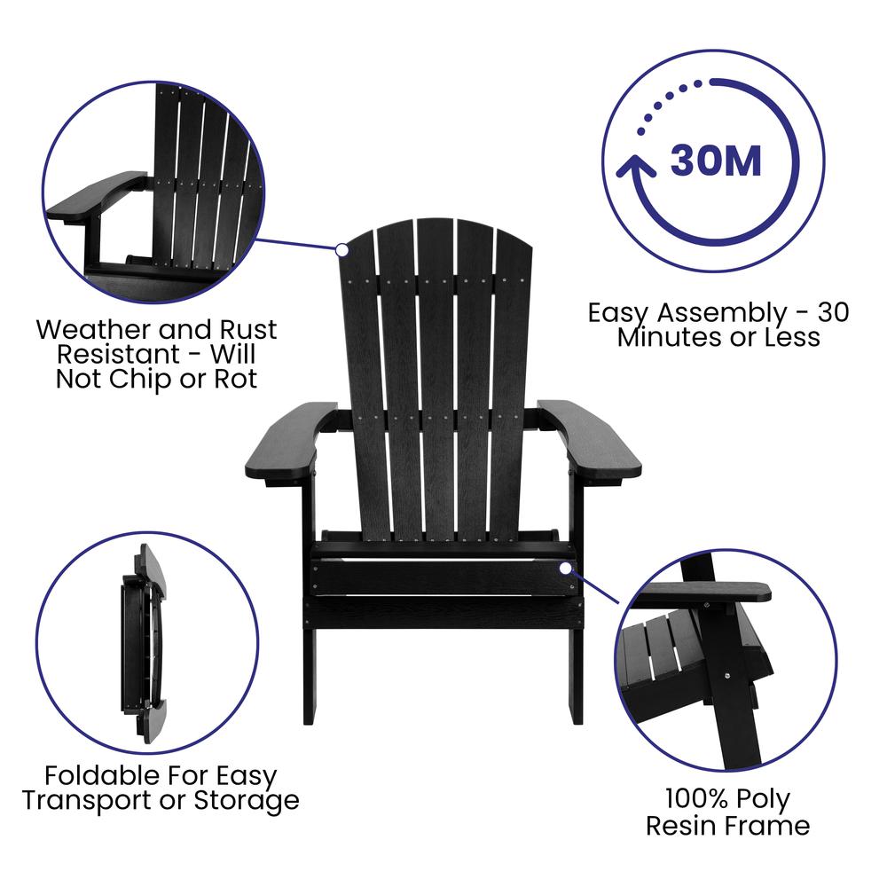 2 Pack All-Weather Poly Resin Folding Adirondack Chairs with Side Table in Black. Picture 4