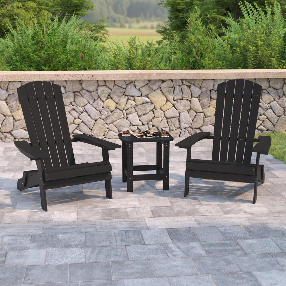 2 Pack All-Weather Poly Resin Folding Adirondack Chairs with Side Table in Black. Picture 1