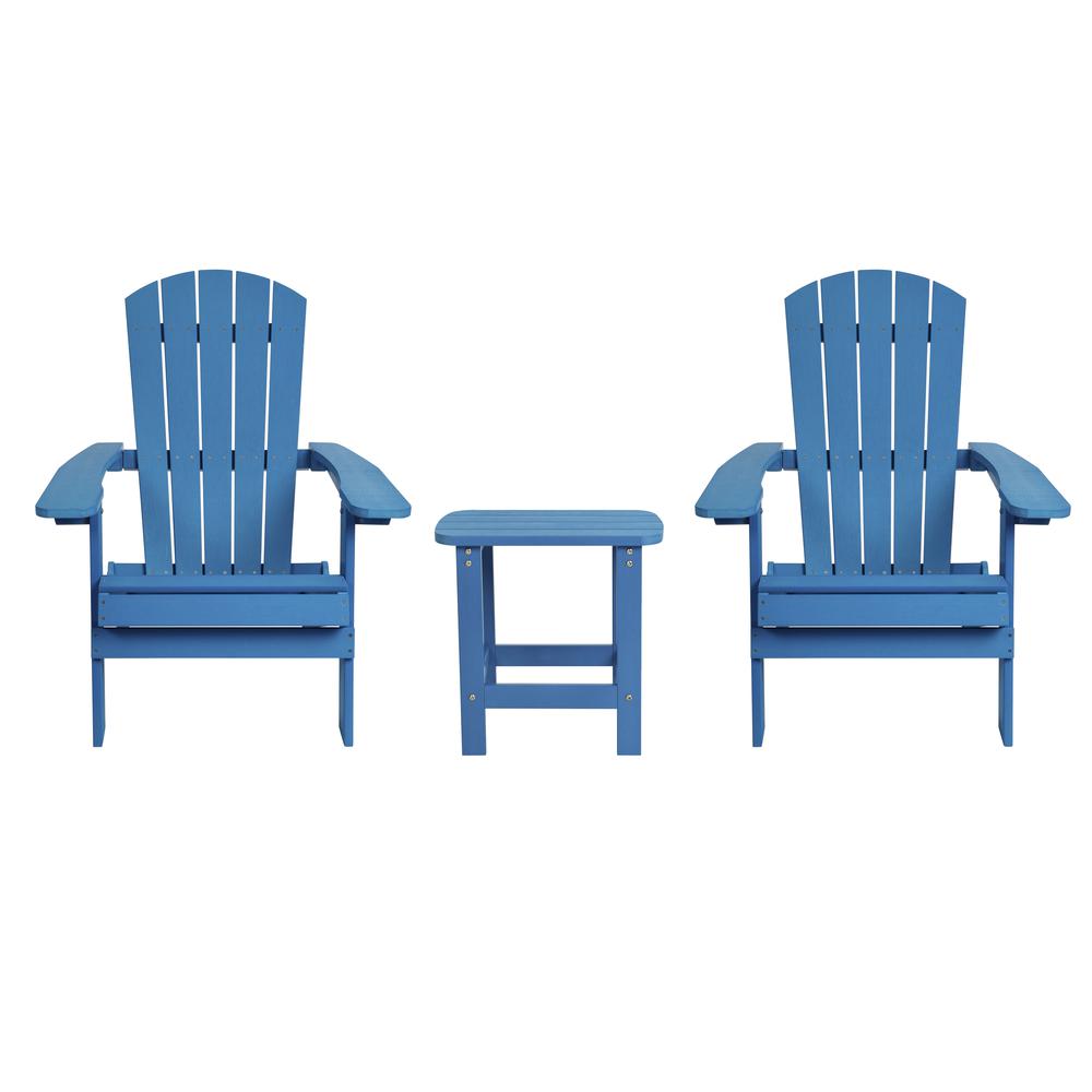 2 Pack Charlestown All-Weather Poly Resin Folding Adirondack Chairs with Side Table in Blue. Picture 2