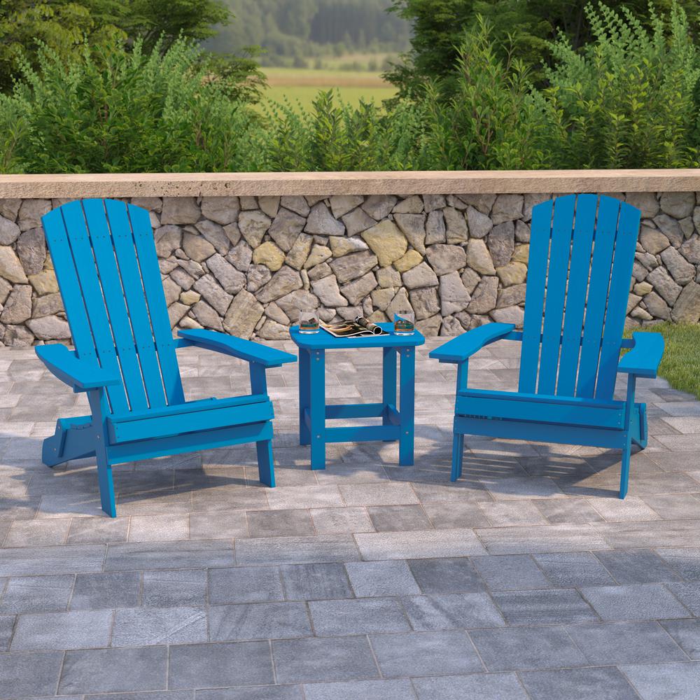 2 Pack Charlestown All-Weather Poly Resin Folding Adirondack Chairs with Side Table in Blue. The main picture.