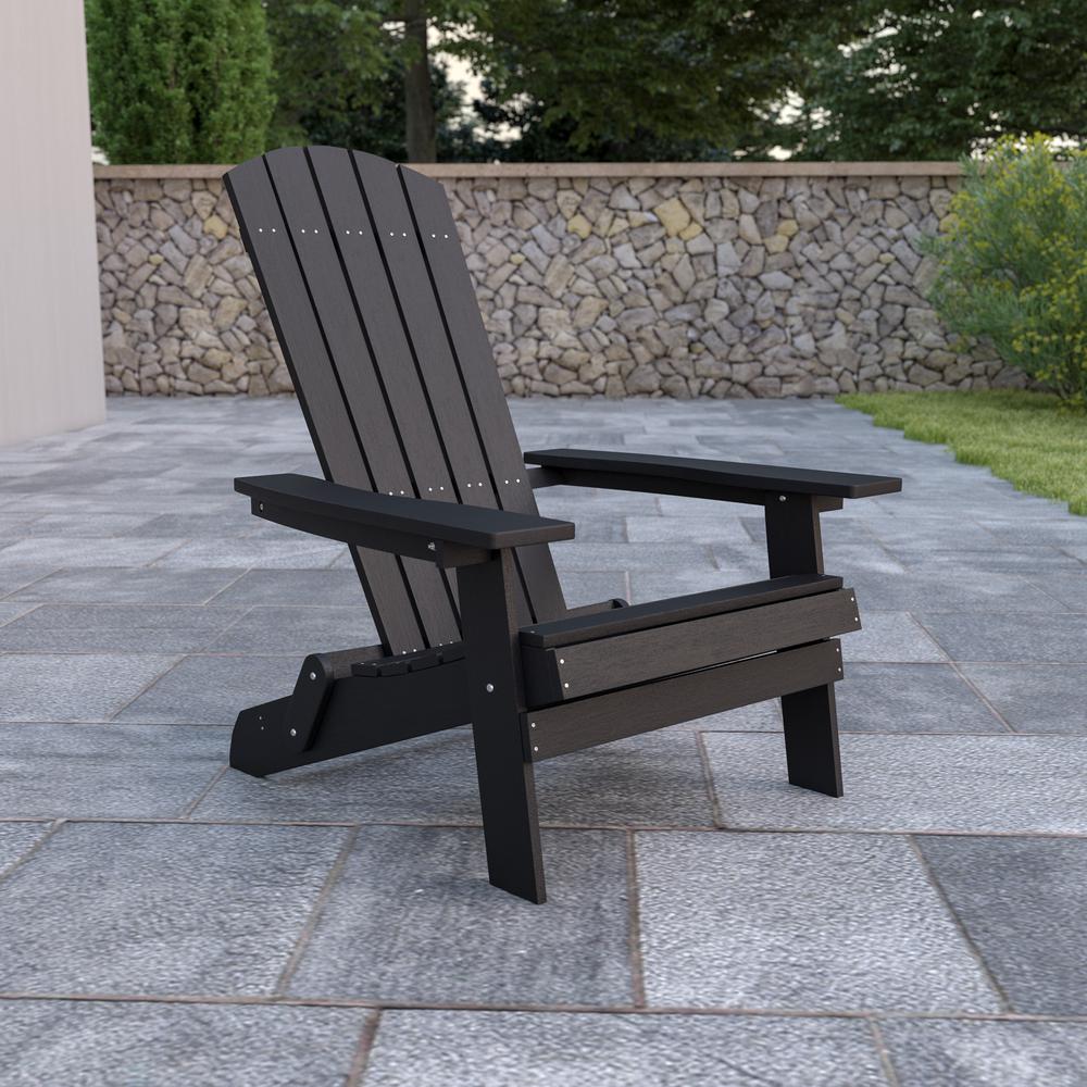 All-Weather Poly Resin Indoor/Outdoor Folding Adirondack Chair in Black. Picture 1