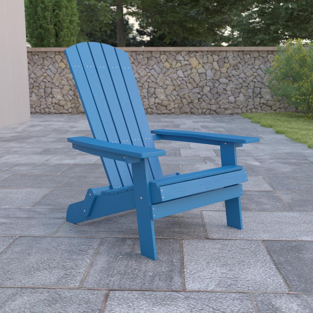 All-Weather Poly Resin Indoor/Outdoor Folding Adirondack Chair in Blue. Picture 1