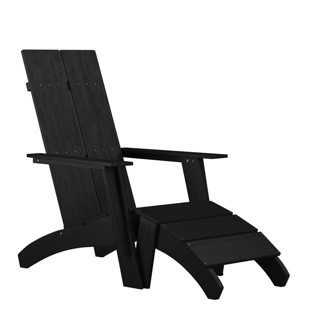Modern All-Weather Poly Resin Wood Adirondack Chair with Foot Rest in Black. Picture 1