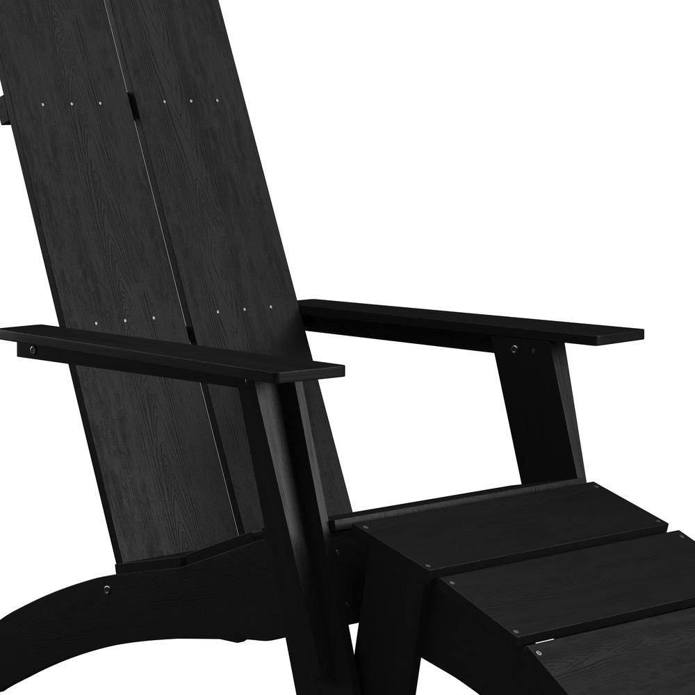 Modern All-Weather Poly Resin Wood Adirondack Chair with Foot Rest in Black. Picture 8