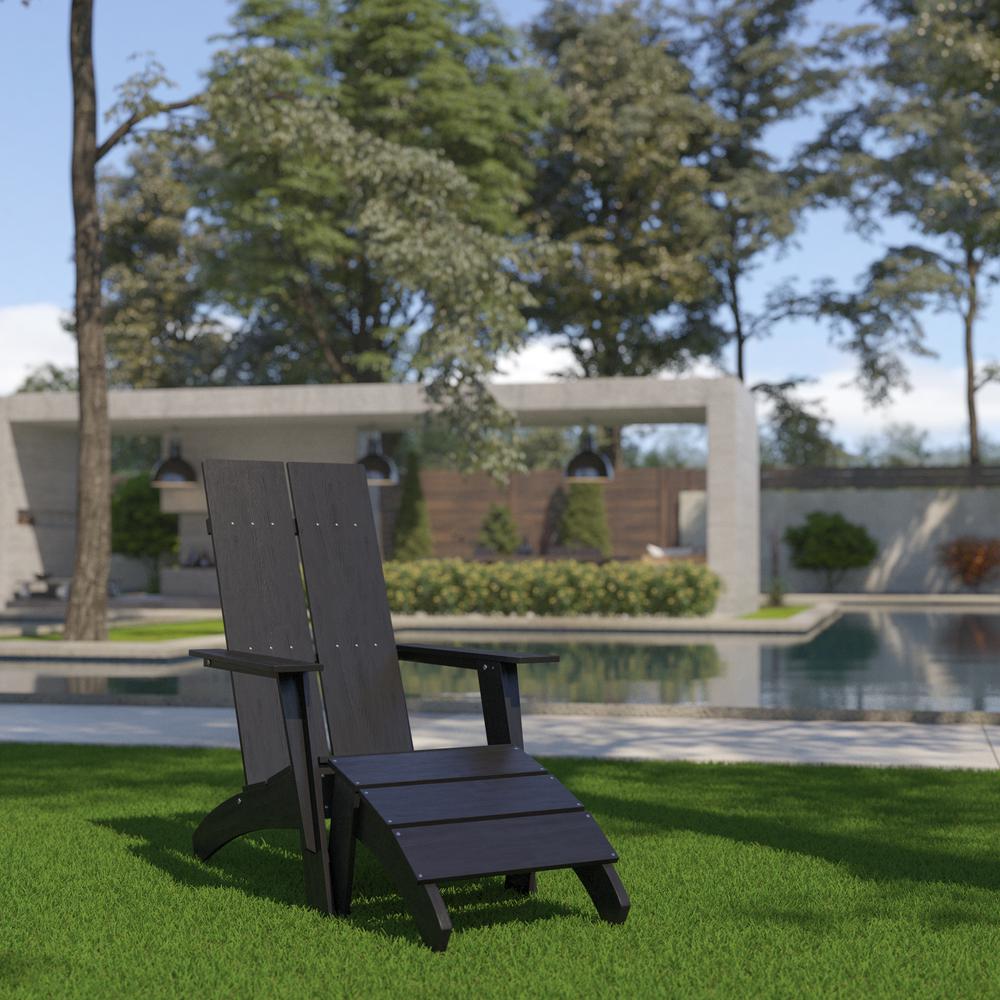 Modern All-Weather Poly Resin Wood Adirondack Chair with Foot Rest in Black. Picture 2