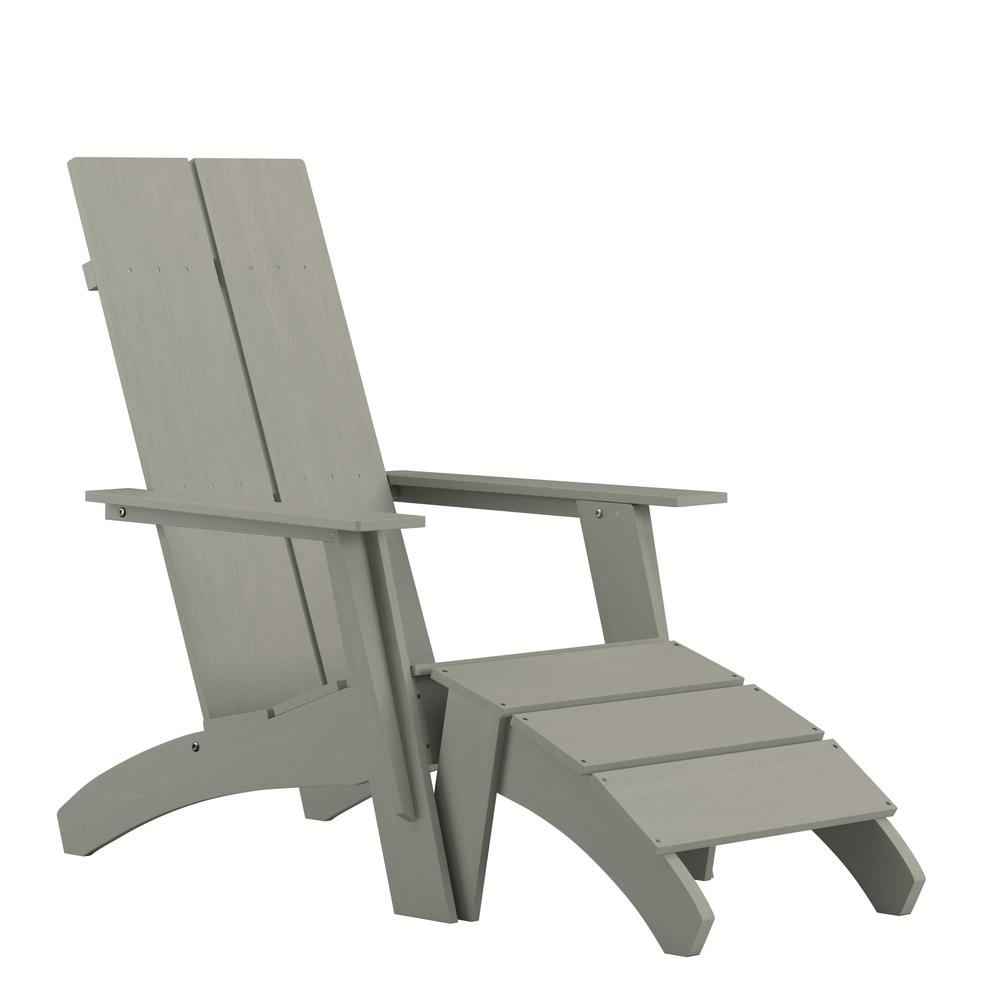 Modern All-Weather Poly Resin Wood Adirondack Chair with Foot Rest in Gray. Picture 1