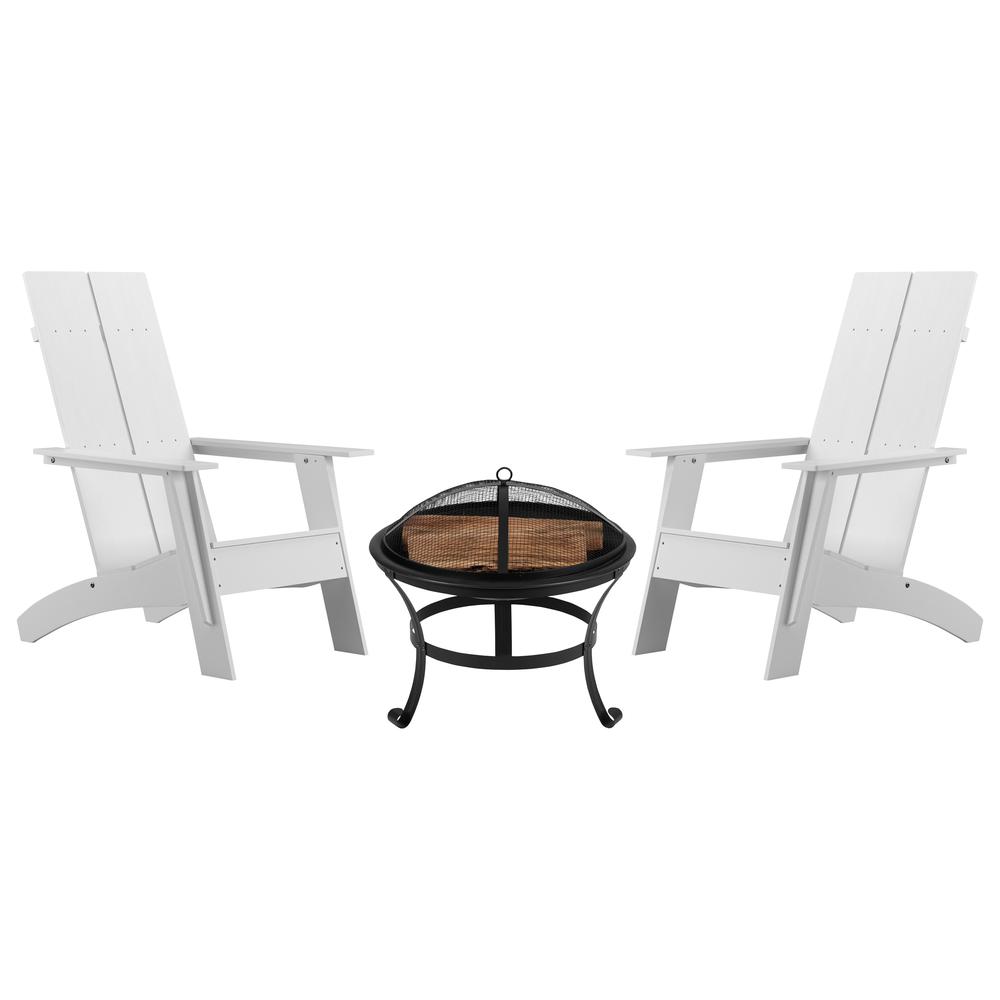 Finn Set of 2 White Modern All-Weather 2-Slat Poly Resin Rocking Adirondack Chairs with 22" Round Wood Burning Fire Pit. Picture 2