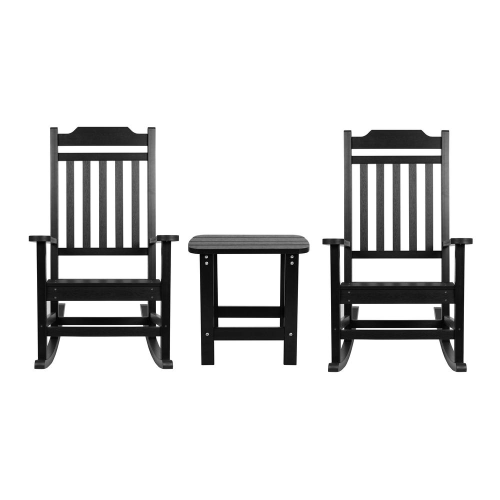 Set of 2 Winston All-Weather Poly Resin Rocking Chairs with Accent Side Table in Black. The main picture.