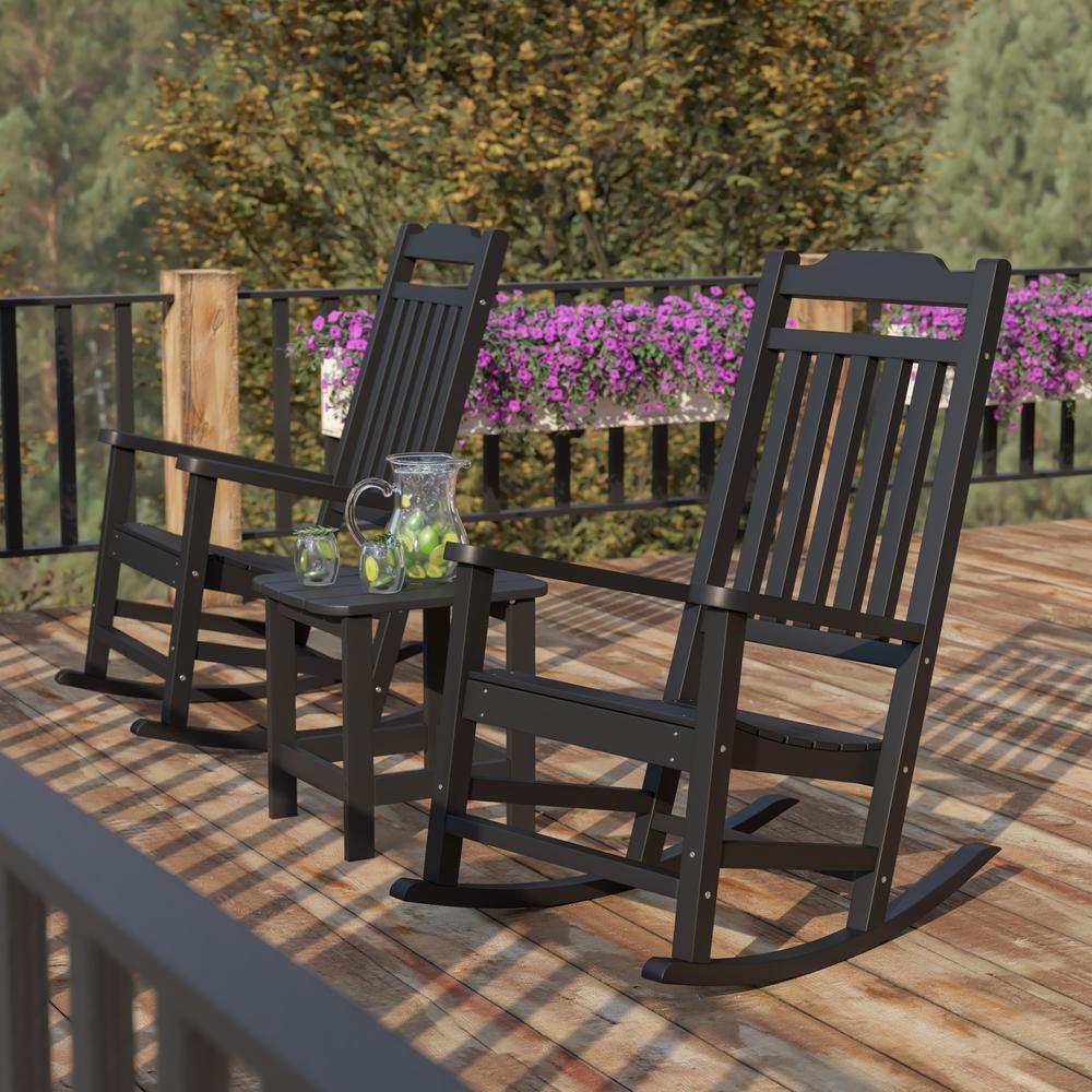 Set of 2 Winston All-Weather Poly Resin Rocking Chairs with Accent Side Table in Black. Picture 2