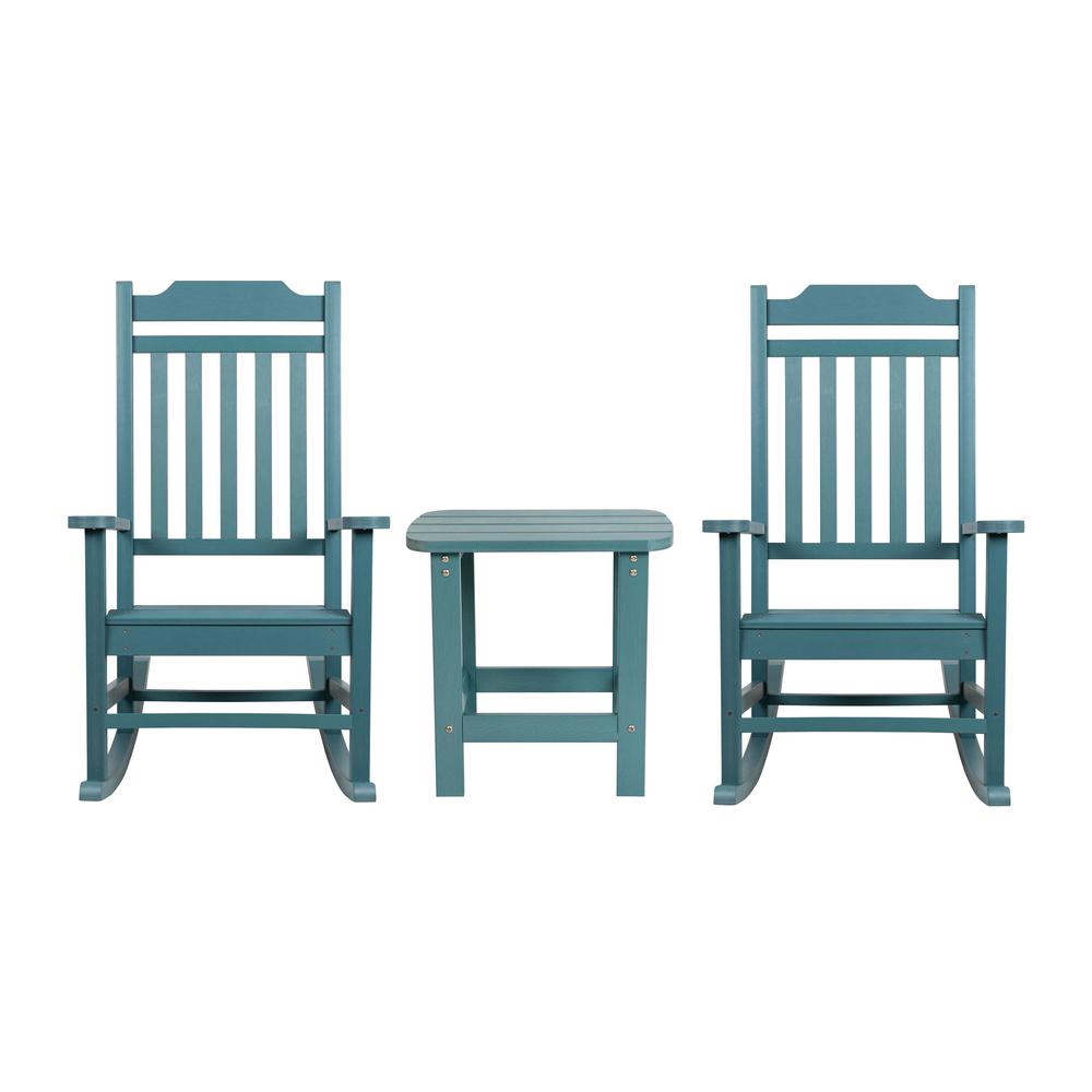 Set of 2 All-Weather Poly Resin Rocking Chairs with Accent Side Table in Teal. Picture 1
