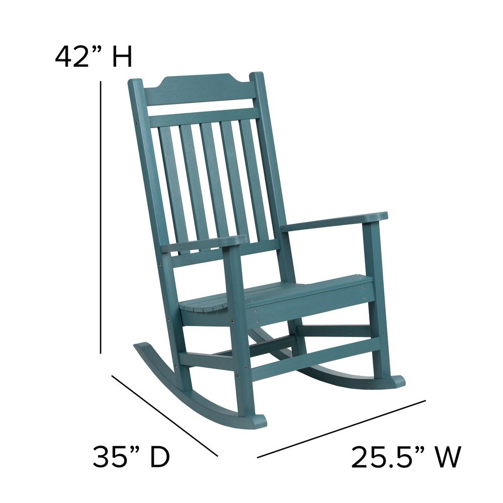 Set of 2 All-Weather Poly Resin Rocking Chairs with Accent Side Table in Teal. Picture 6