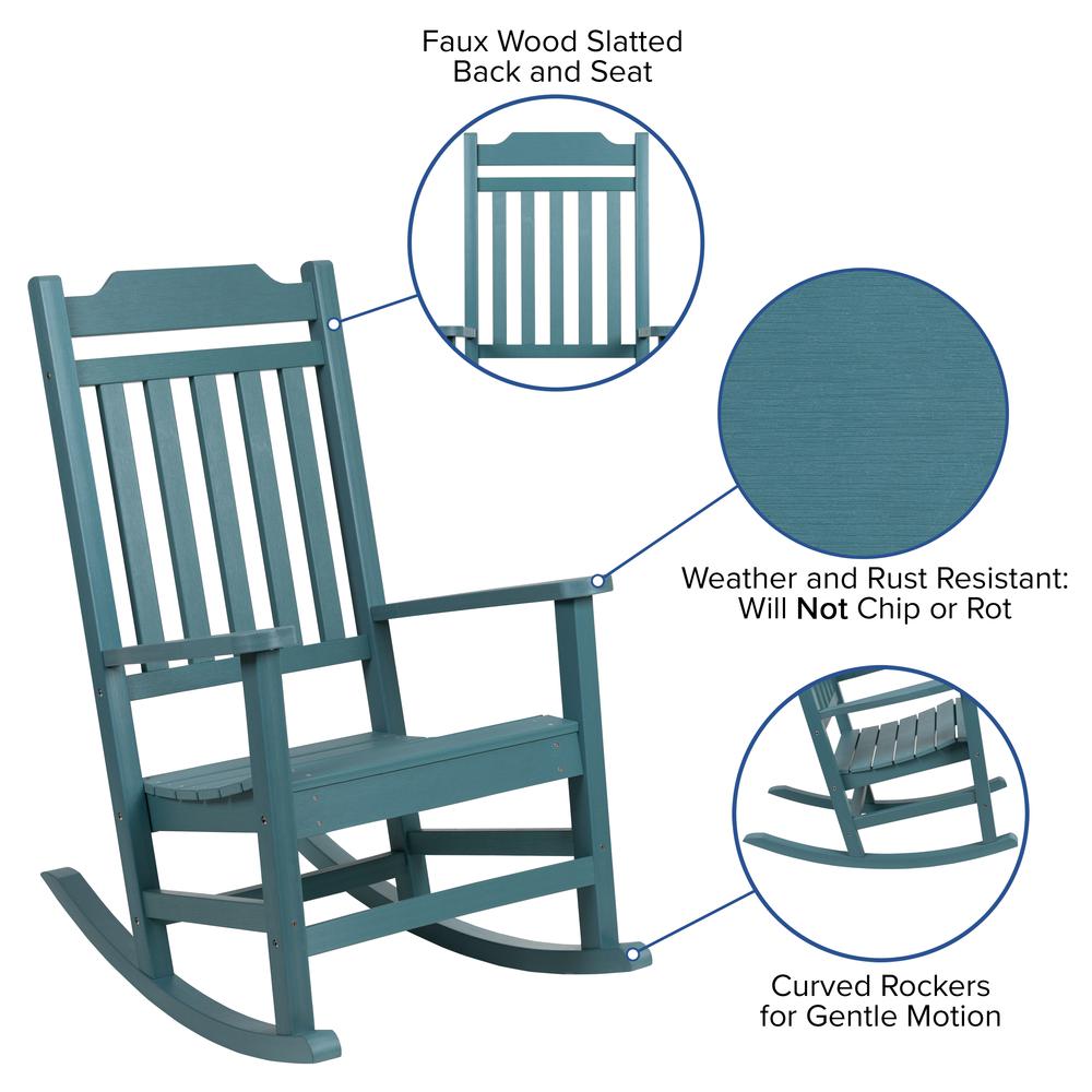 Set of 2 All-Weather Poly Resin Rocking Chairs with Accent Side Table in Teal. Picture 4