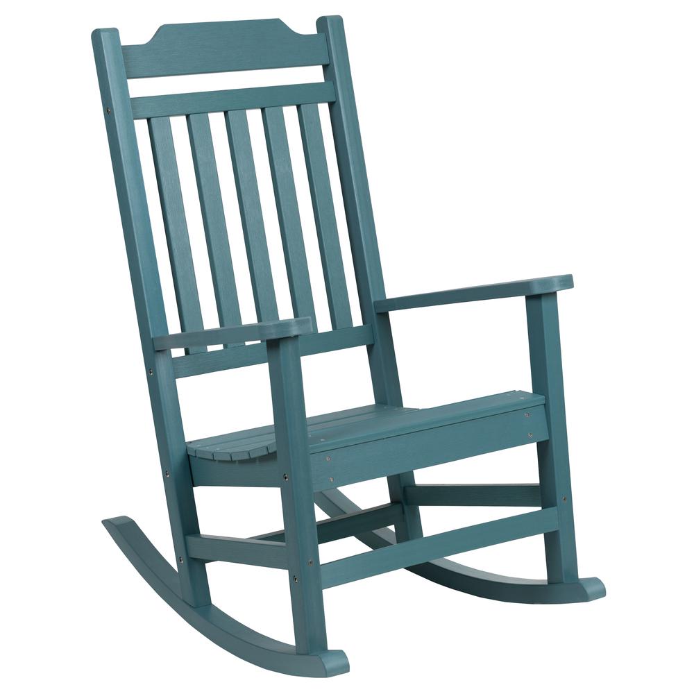 Set of 2 All-Weather Poly Resin Rocking Chairs with Accent Side Table in Teal. Picture 8