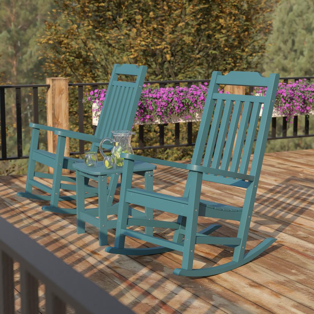 Set of 2 All-Weather Poly Resin Rocking Chairs with Accent Side Table in Teal. Picture 2