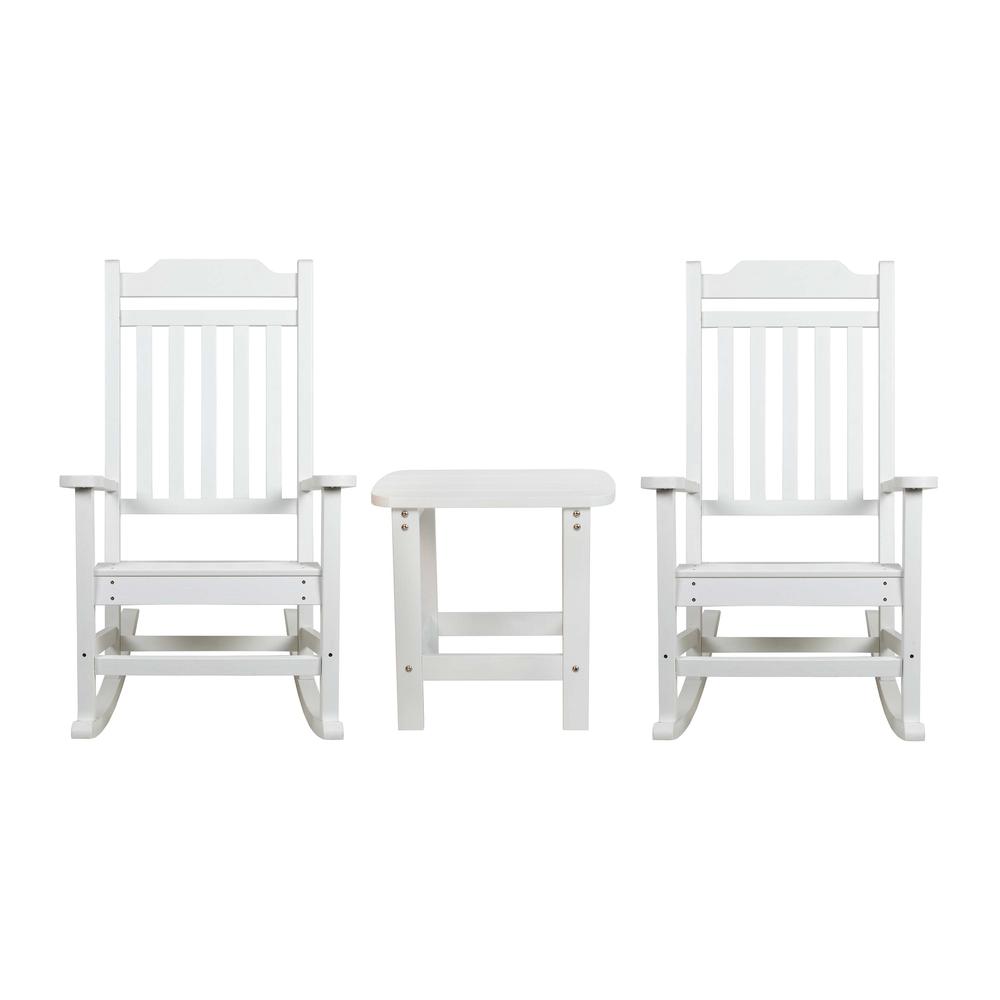 Set of 2 All-Weather Poly Resin Rocking Chairs with Accent Side Table in White. Picture 1