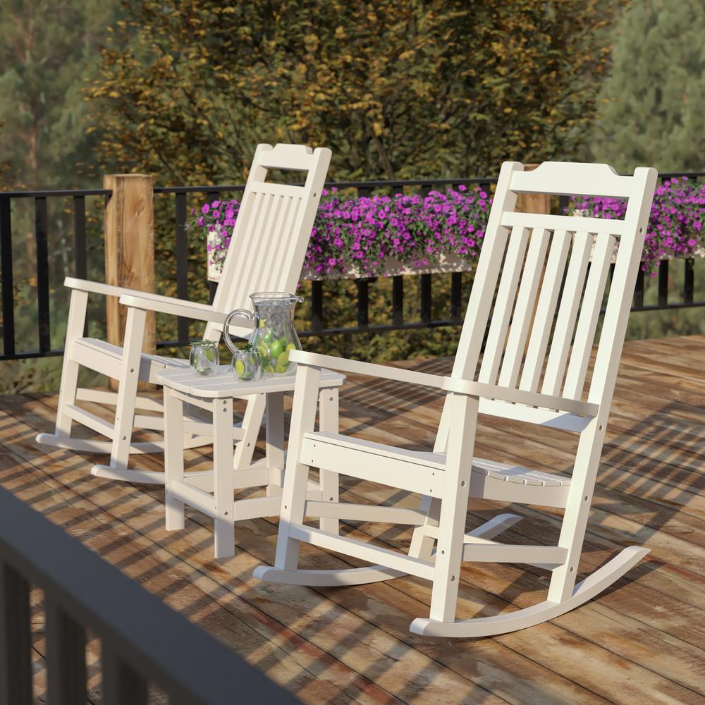 Set of 2 All-Weather Poly Resin Rocking Chairs with Accent Side Table in White. Picture 2