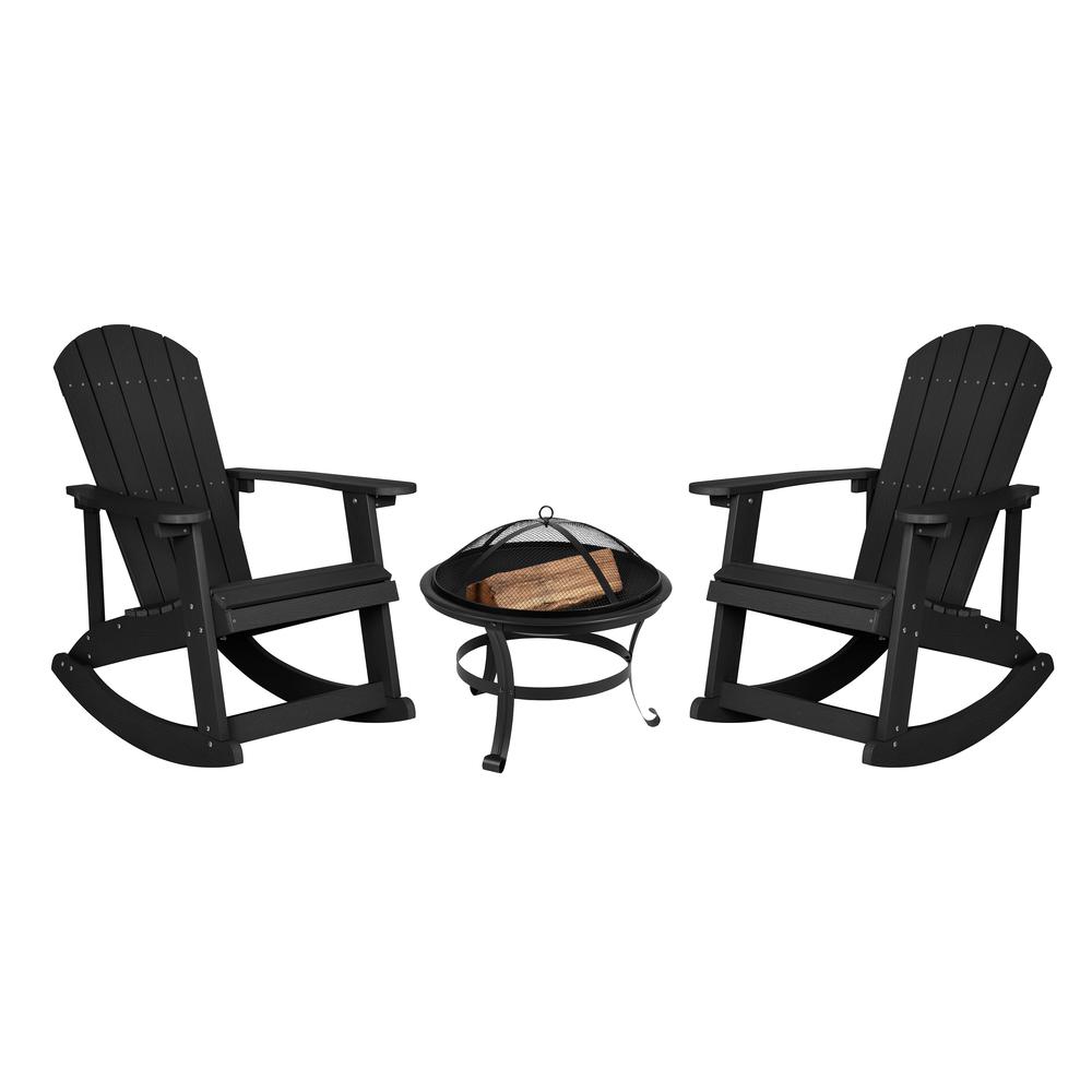 Savannah Set of 2 Black All-Weather Poly Resin Wood Adirondack Rocking Chairs with 22" Round Wood Burning Fire Pit. Picture 1