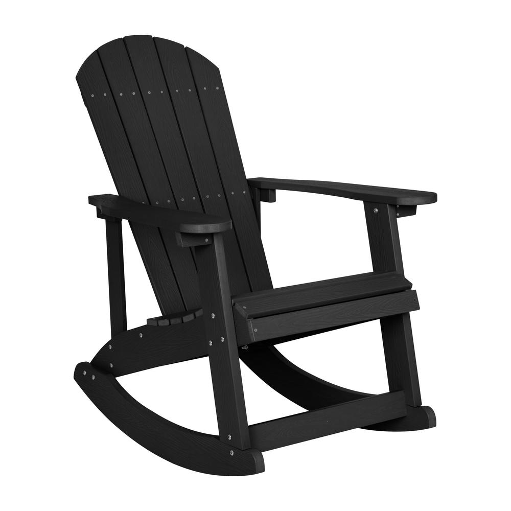 Savannah Set of 2 Black All-Weather Poly Resin Wood Adirondack Rocking Chairs with 22" Round Wood Burning Fire Pit. Picture 9