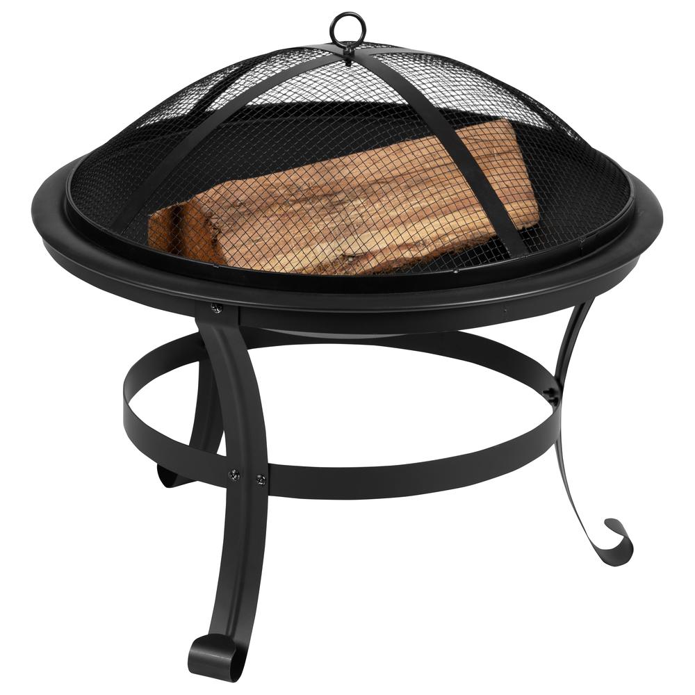 Savannah Set of 2 Black All-Weather Poly Resin Wood Adirondack Rocking Chairs with 22" Round Wood Burning Fire Pit. Picture 10