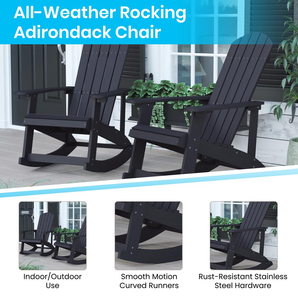 Savannah Set of 2 Black All-Weather Poly Resin Wood Adirondack Rocking Chairs with 22" Round Wood Burning Fire Pit. Picture 4