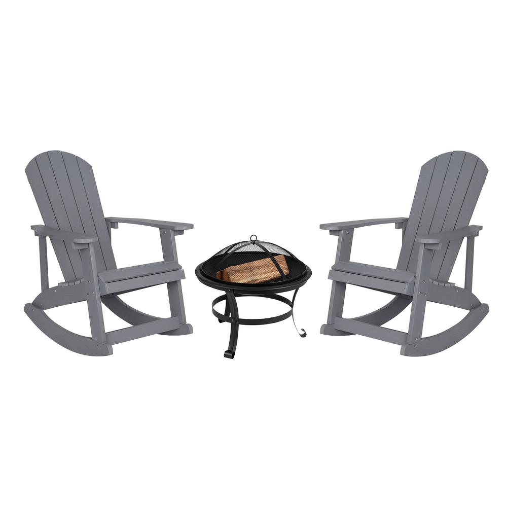 Set of 2 Gray Adirondack Rocking Chairs with 22" Round Wood Burning Fire Pit. Picture 1