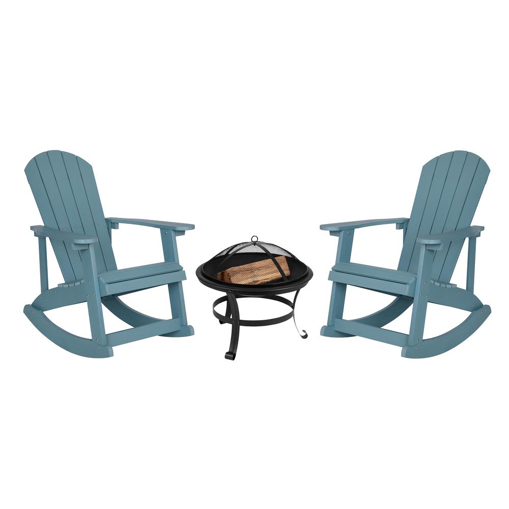 Set of 2 Sea Foam Adirondack Rocking Chairs with 22" Round Wood Burning Fire Pit. Picture 1