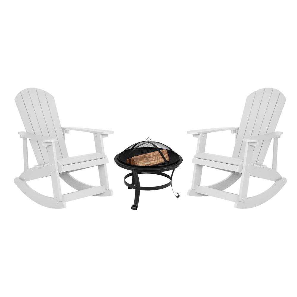 Set of 2 White Adirondack Rocking Chairs with 22" Round Wood Burning Fire Pit. Picture 1