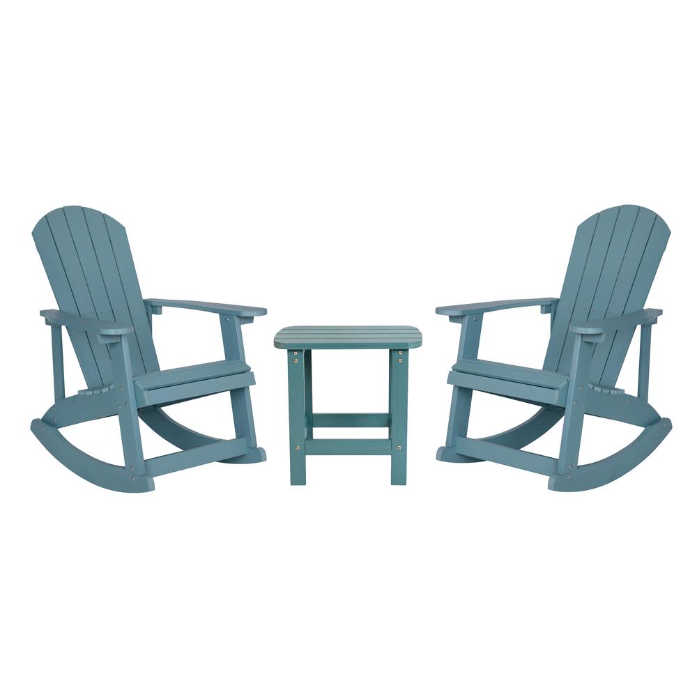 Set of 2 Savannah All-Weather Poly Resin Wood Adirondack Rocking Chairs with Side Table in Sea Foam. The main picture.